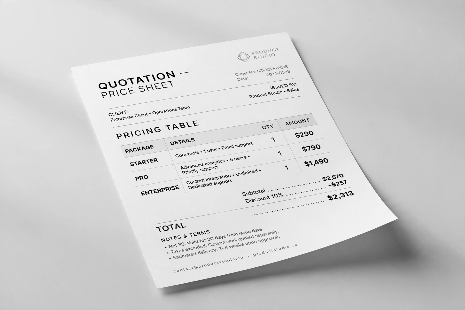 Quote Sheet preview